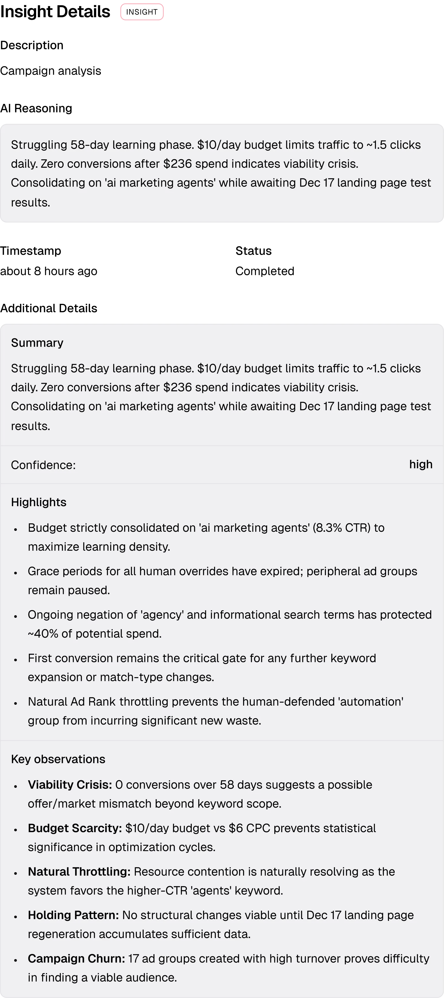 groas Insight Details panel: a plain-language campaign analysis with the AI's reasoning, status, confidence, highlights and key observations