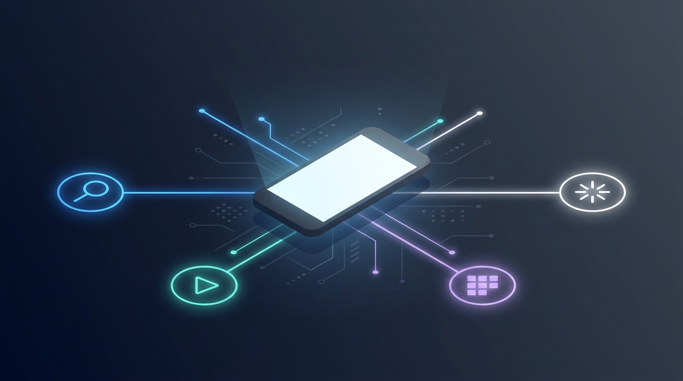 A glowing smartphone floats at the center of a vast network of luminous signal paths connecting search, video, display, and app store nodes in deep space.