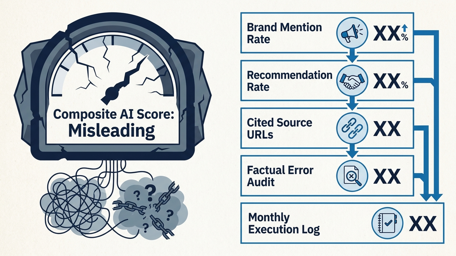 Infographic contrasting four AEO reporting measures with a composite visibility score.
