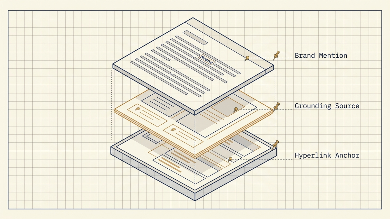 Cutaway diagram of an AI search response showing separate text mention, source citation, and clickable-link layers.