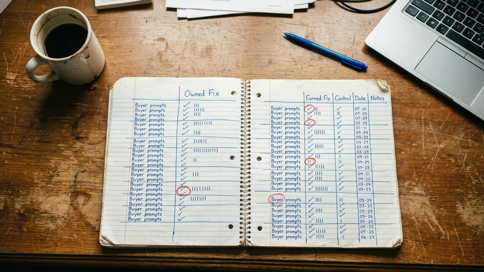 Lab notebook grid for tracking owned and earned fixes against untouched prompts