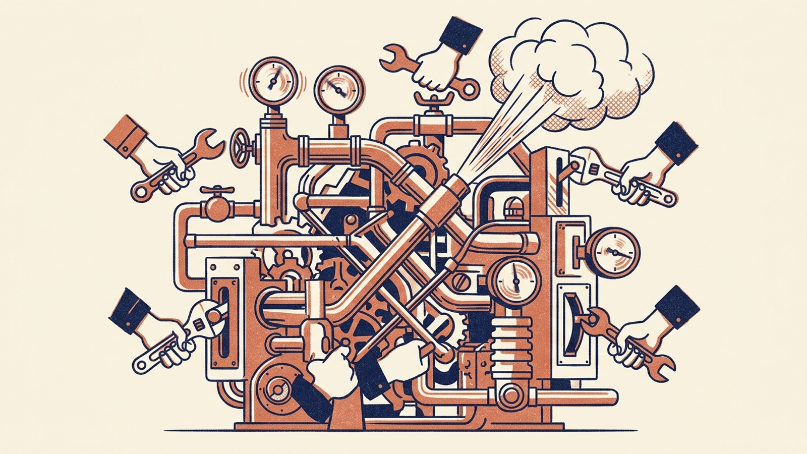 A troubleshooting diagram with five hands turning conflicting controls on one tangled machine.