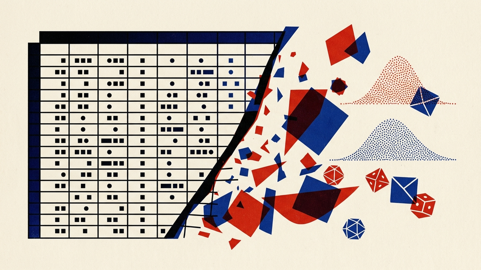 A rigid grid of numbers beside a soft cloud of rolling dice.