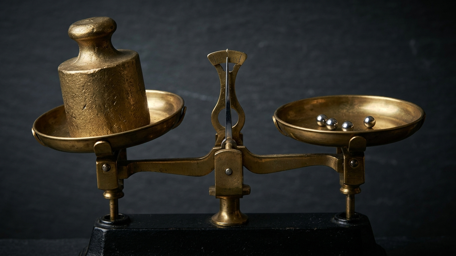 Balance scale tipped by one heavy weight opposite several small weights.