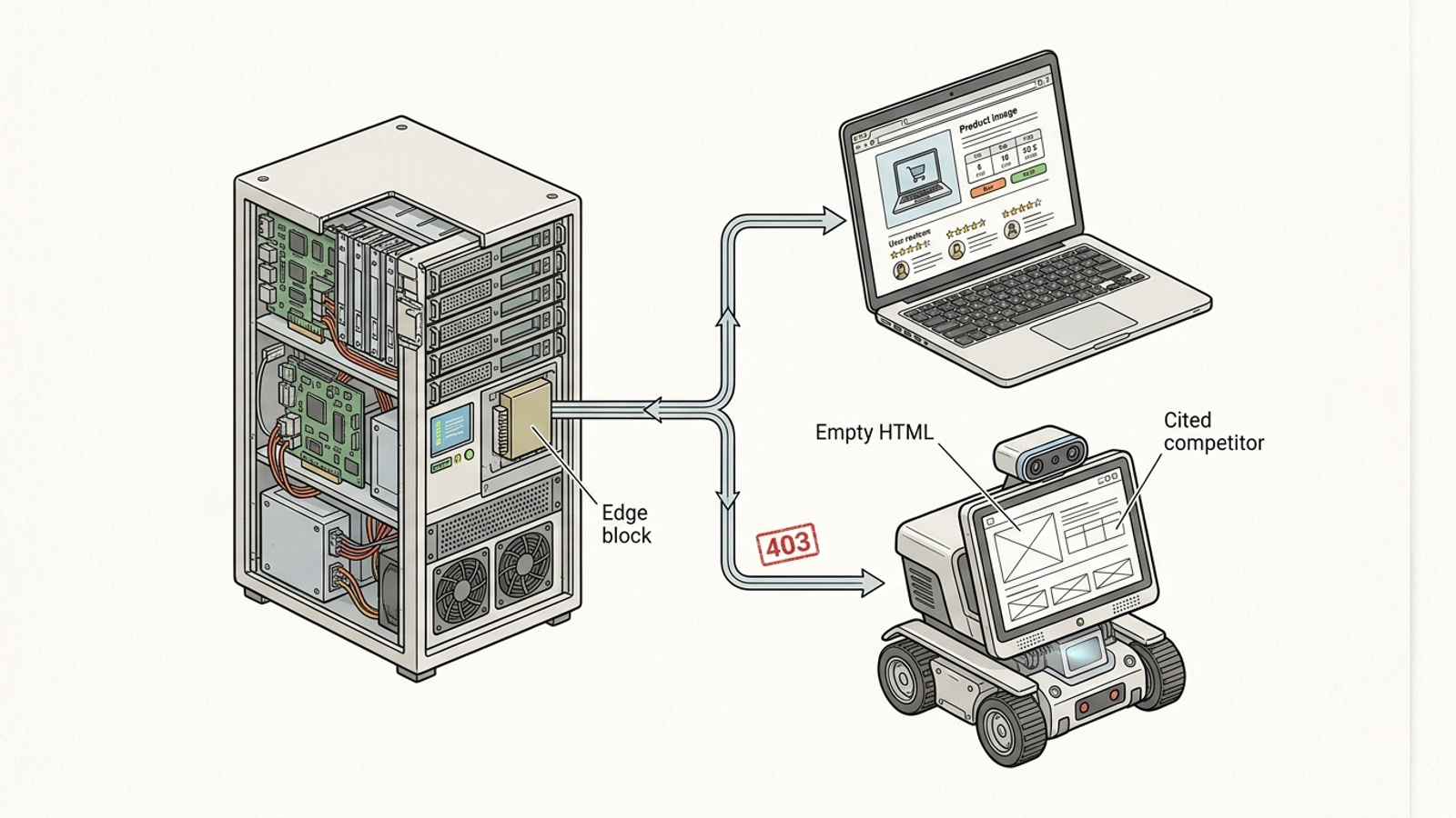 Cutaway diagram showing a web request split between the human view and the bot view