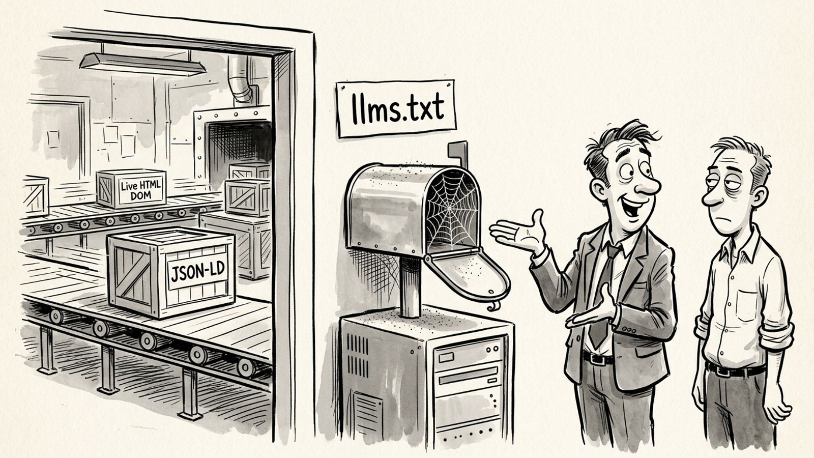 A dusty mailbox marked llms.txt gathers cobwebs beside busy conveyors carrying HTML and schema.