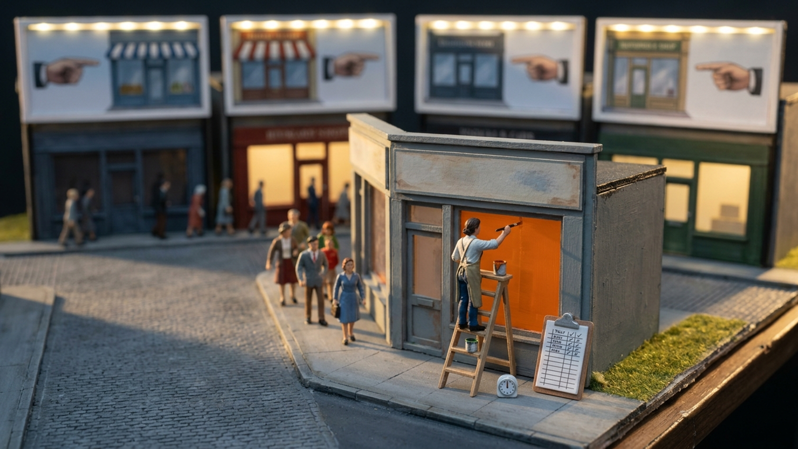 Tabletop model street where glowing billboards promote rival shops while one tiny owner on a ladder repaints her own shopfront by hand.