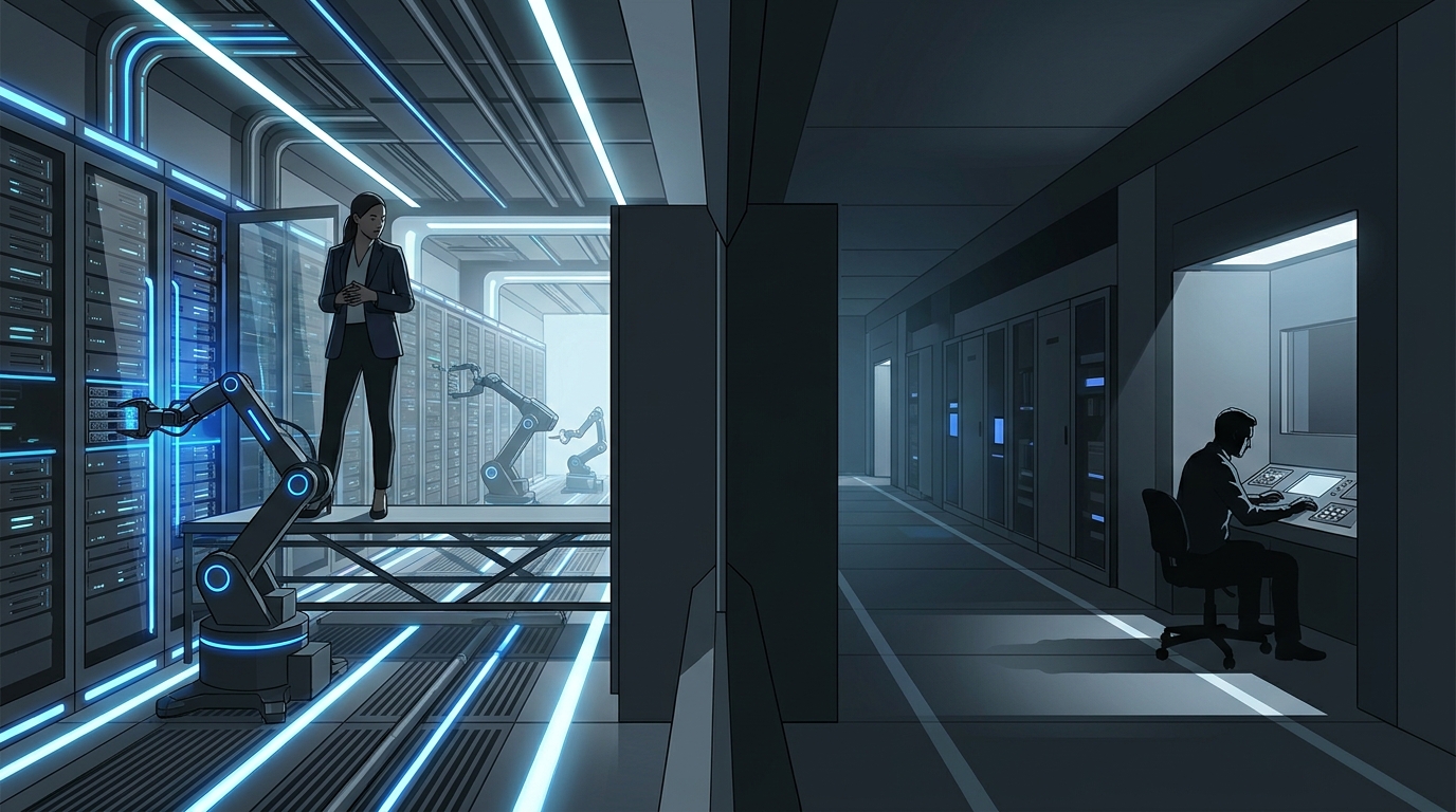 Two diverging paths in a sleek architectural space, one fully automated with glowing infrastructure, the other ending at a lone workstation, symbolizing autonomous service vs self-serve tool
