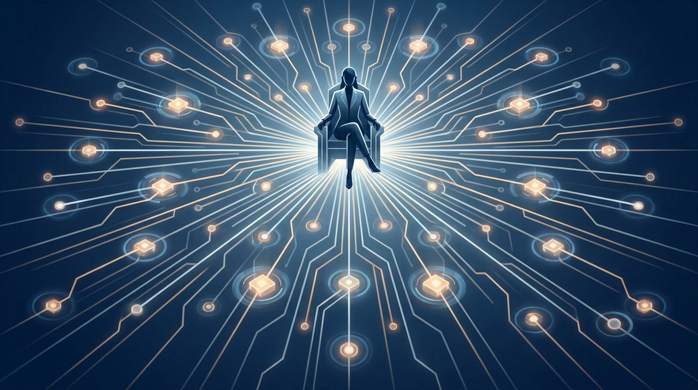 An agency control room metaphor showing a central human strategist overseeing a network of automated processes scaling outward, representing white-label Google Ads execution.