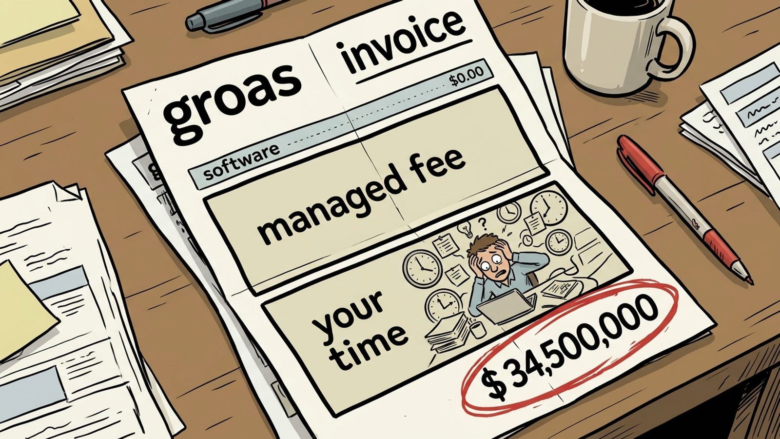 Cartoon invoice showing a small subscription line beside larger labor and managed-fee lines