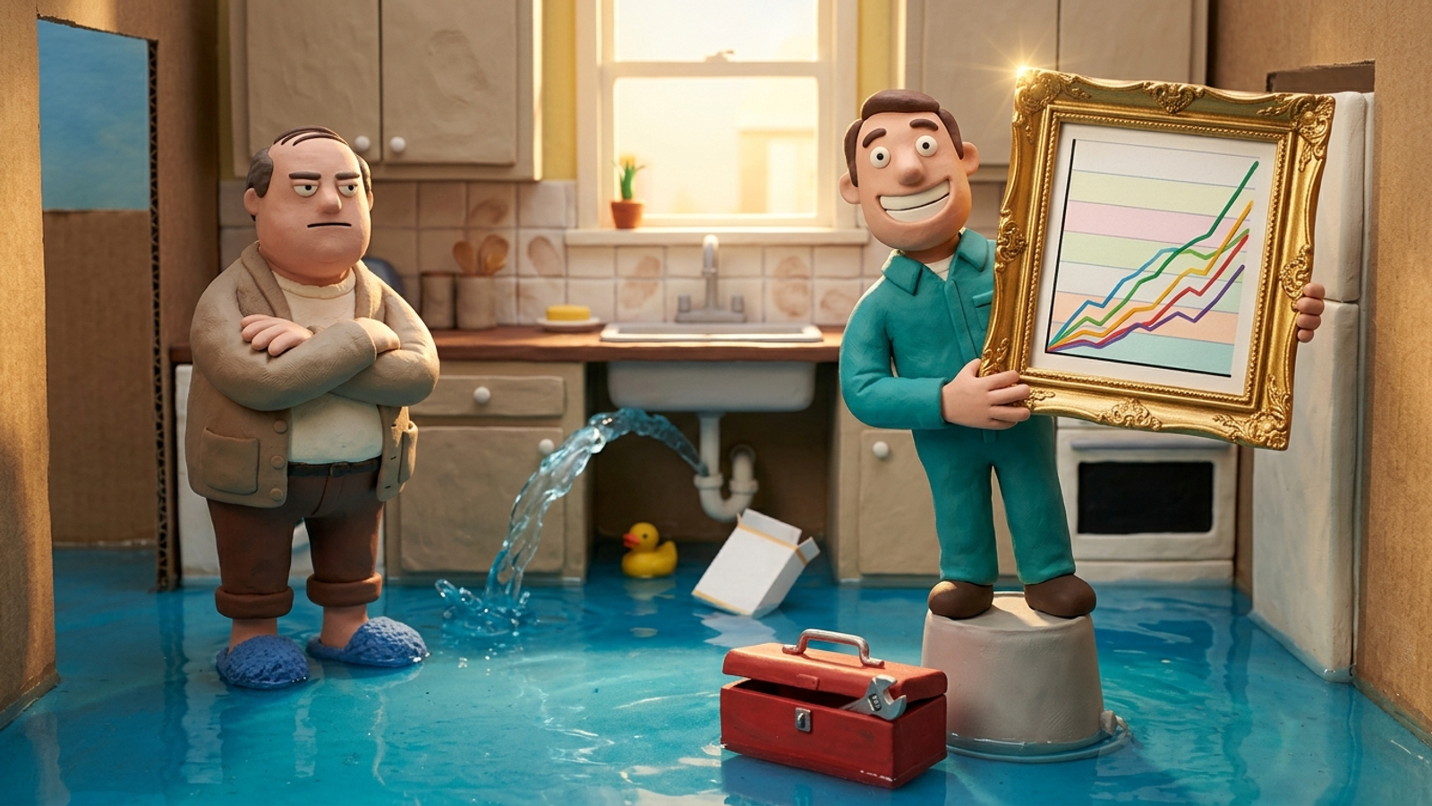 Clay plumber proudly shows a framed chart of the rising water to a homeowner standing knee-deep in a flood, his wrench never used: a report, not a fix.