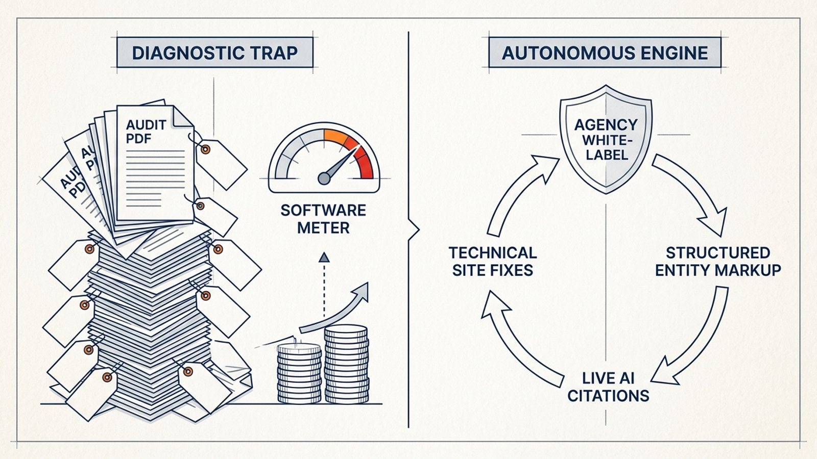 Diagram contrasting diagnostic AEO audits with an execution engine that ships fixes.