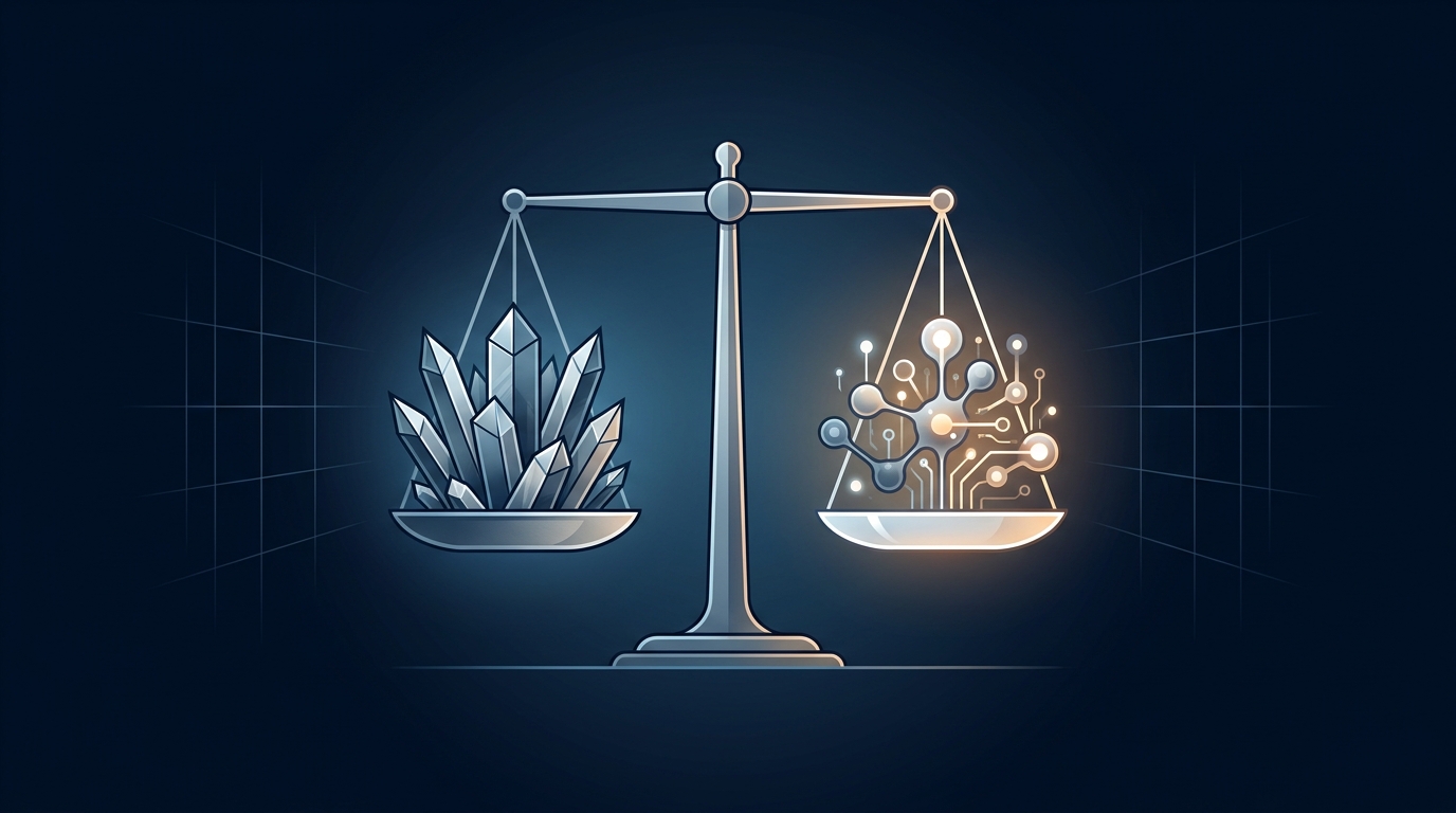 A clean editorial illustration of a balanced scale weighing abstract glowing geometric forms against each other, set against a deep navy background with cool accent lighting.