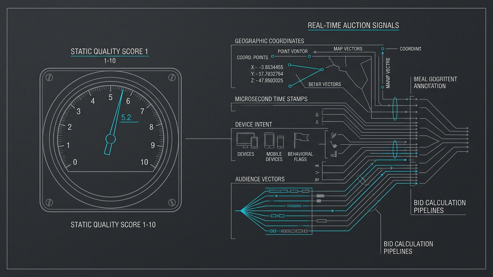 A 1-to-10 Quality Score gauge contrasted with a web of real-time auction signals.