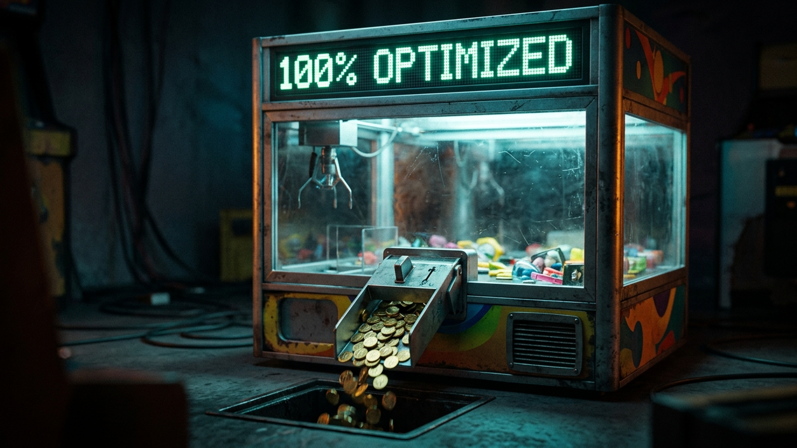 An arcade machine displays a 100% score while gold coins drain into the floor.