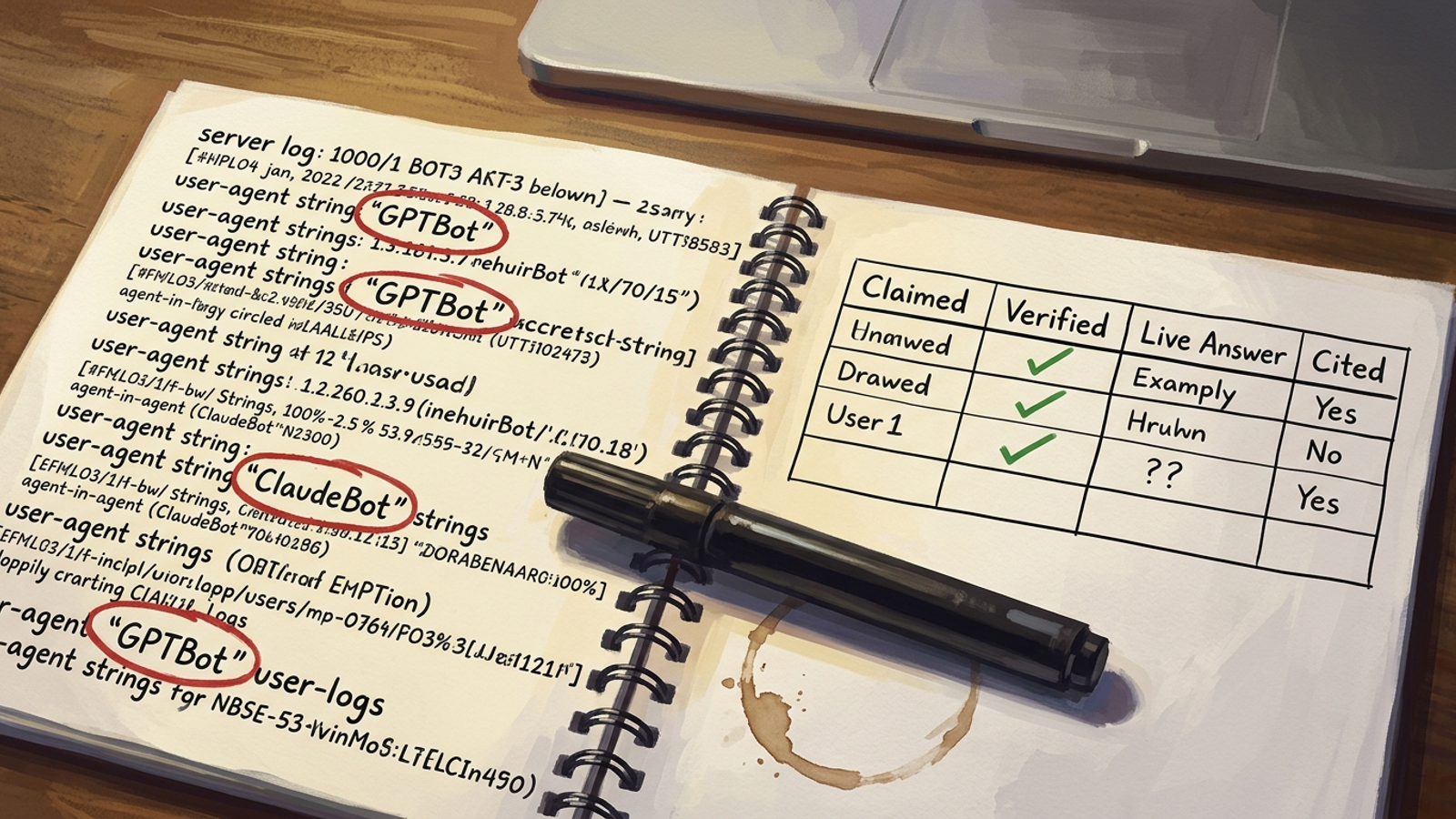 Lab-notebook checklist sorting bot requests into four measurement columns