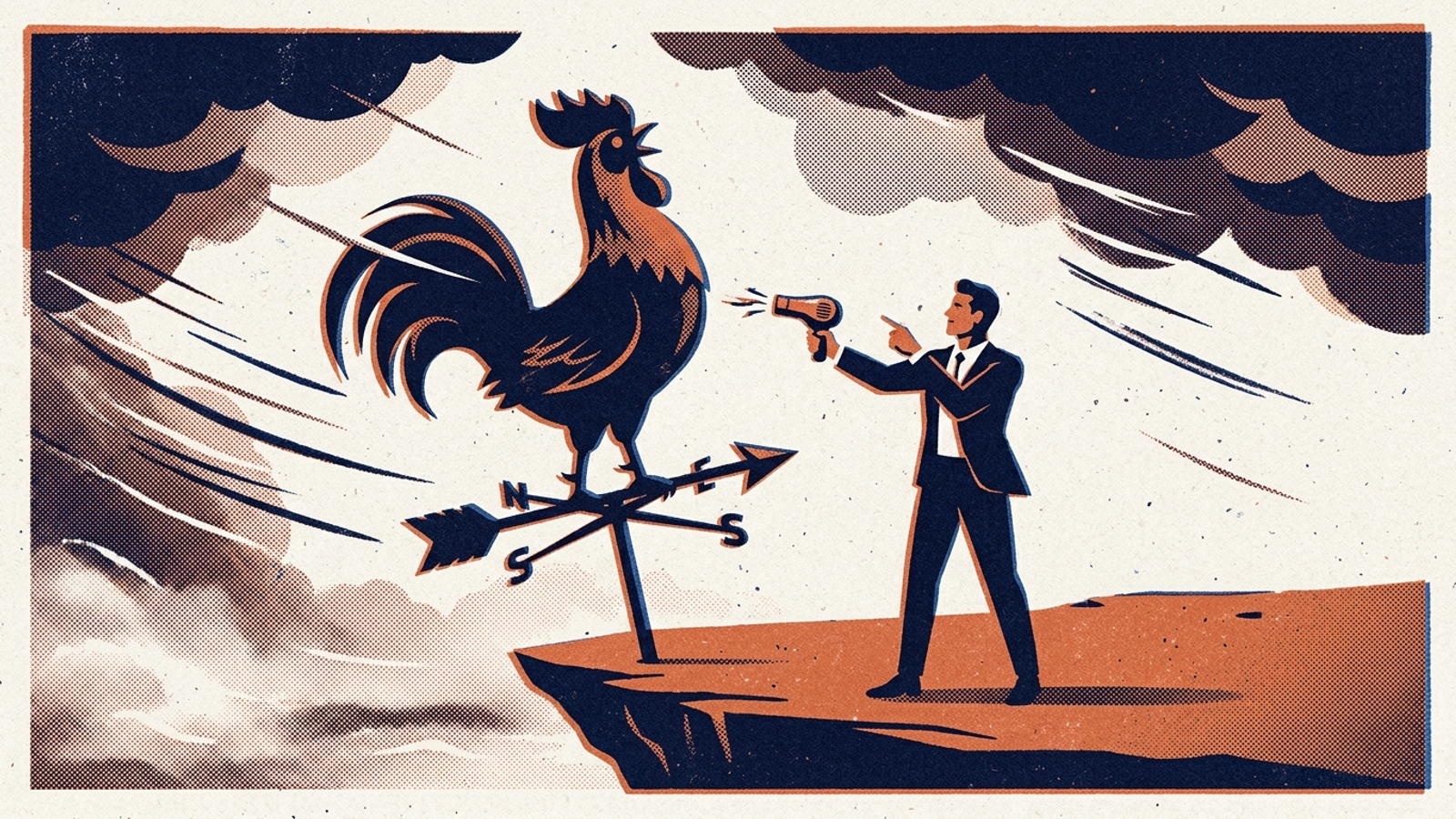 An editorial illustration of a person aiming a handheld hairdryer at a spinning weather vane during an ocean gale