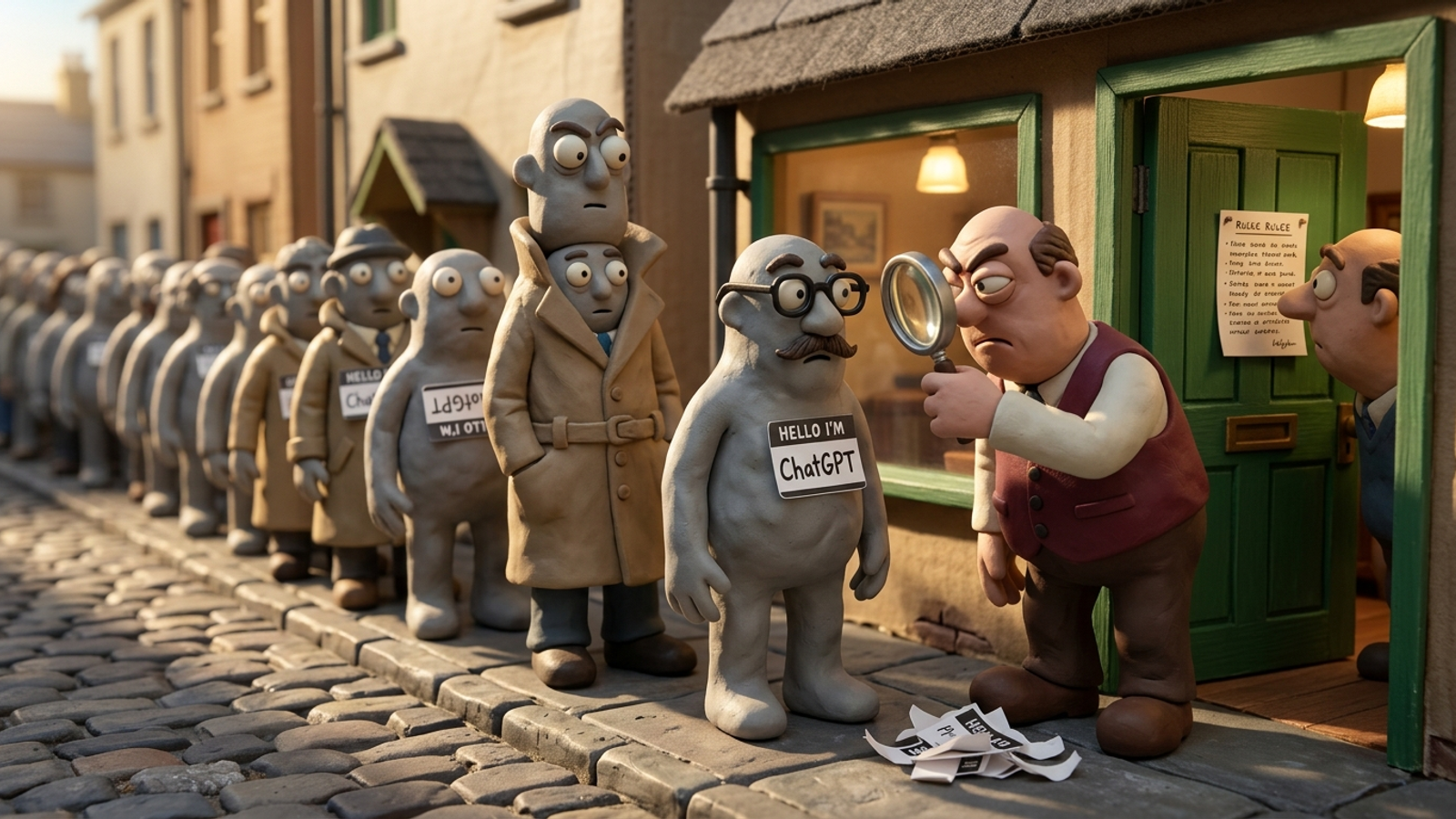 Clay doorman with a magnifier checks a huge queue all wearing 'HELLO I'M ChatGPT' badges, many in fake disguises; the few let in just read the door sign.