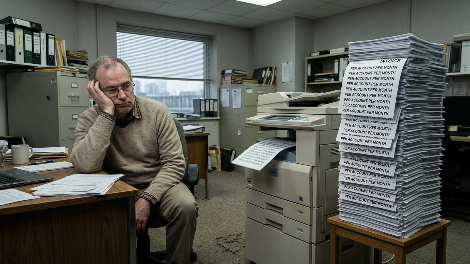 Stack of invoices multiplying on a copy machine labeled per account per month