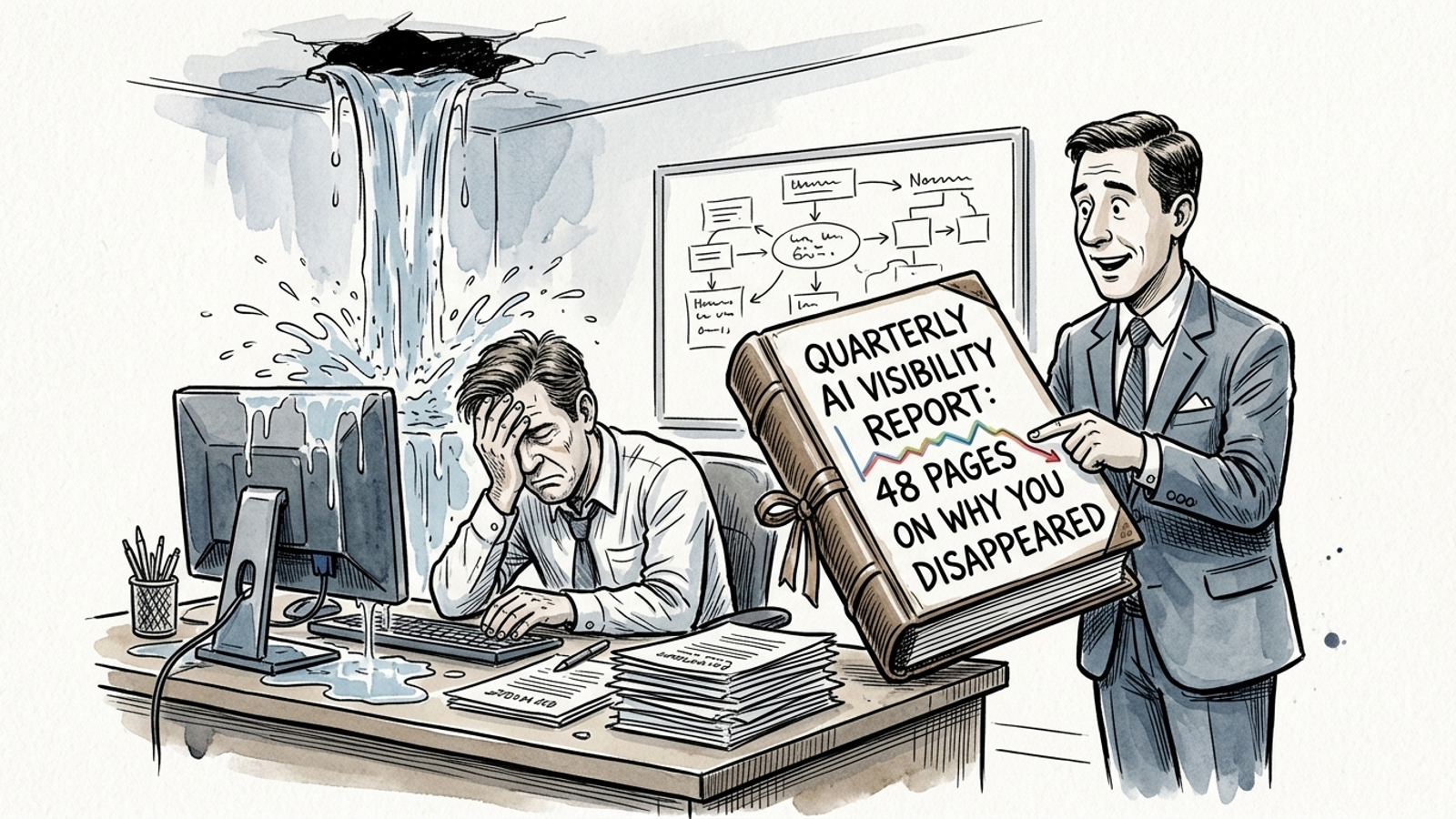 Cartoon of a consultant presenting an AI visibility report while a leak above the client’s desk goes unfixed.