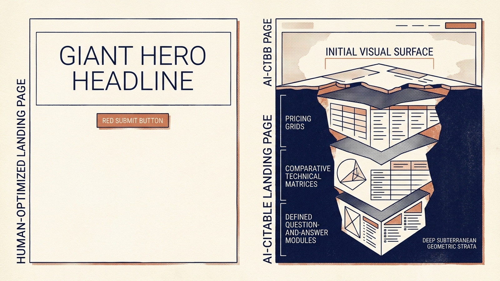 Minimalist paid landing page beside a page with citable fact blocks below its hero