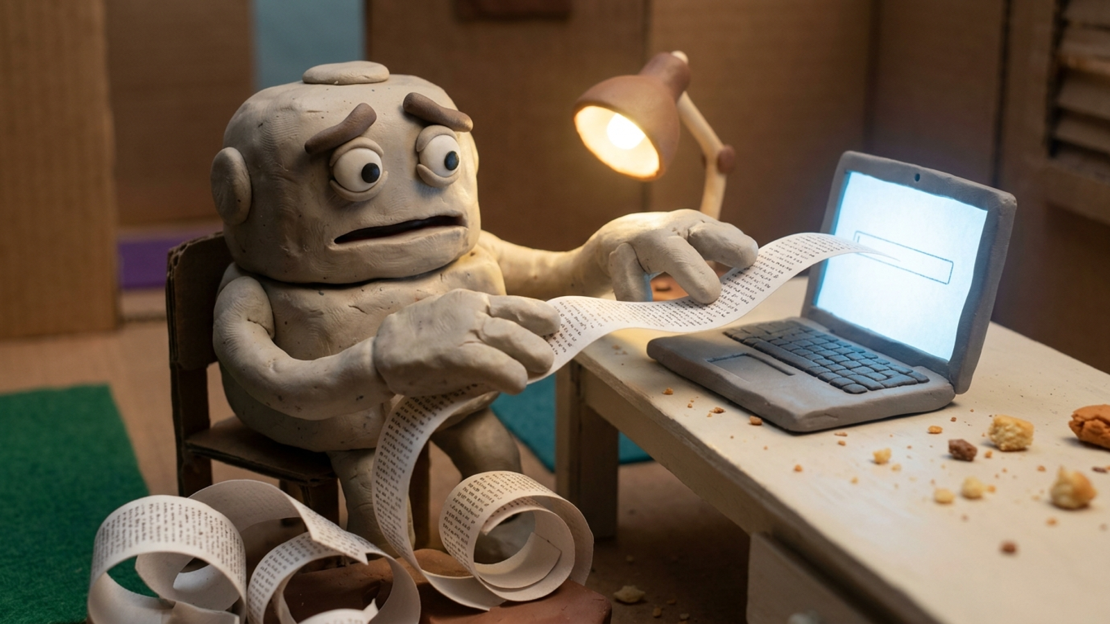 Claymation robot pasting a long chat prompt into a tiny Google search box