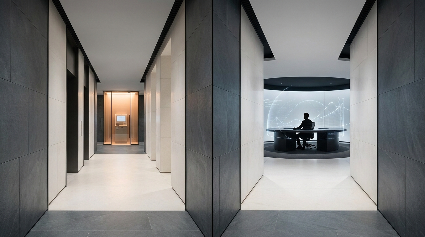 Two divergent paths in a clean architectural space, one leading to a self-serve dashboard terminal, the other to a human strategist at a command center
