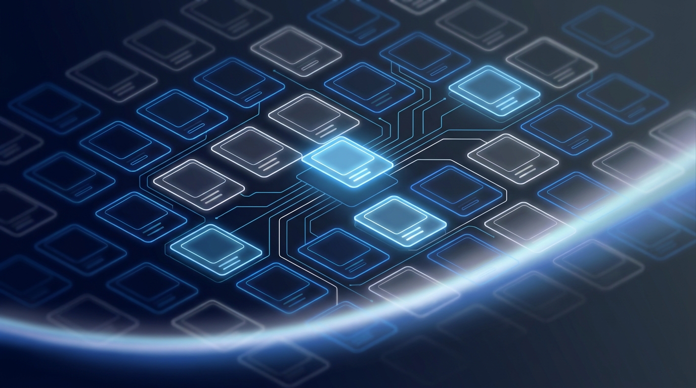 Stylized editorial illustration of glowing product tiles arranged in a precise grid, symbolizing optimized Google Shopping feed structure and maximum ROAS performance.
