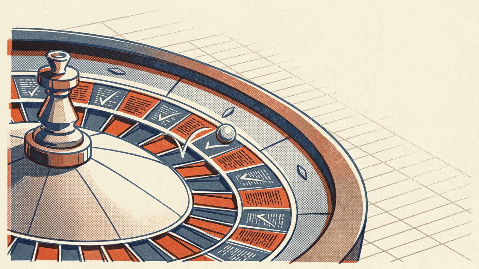 Illustration of a roulette wheel with search-result snippets on its slots, representing variation between AI answers.