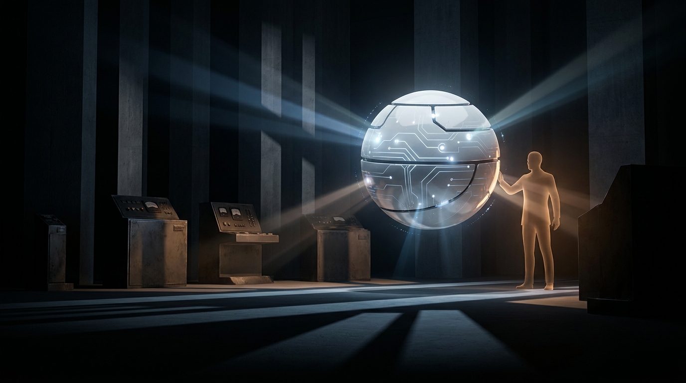 A single luminous autonomous machine operates with precision at the center of a dark control room, surrounded by dim inactive terminals representing replaced manual alternatives