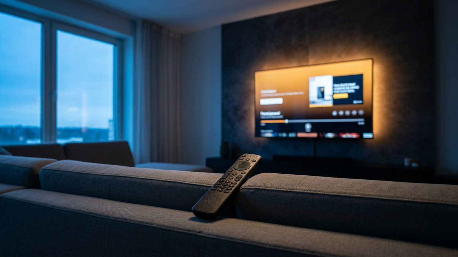 A television shows a pause ad in a dim living room; the remote rests on the sofa.