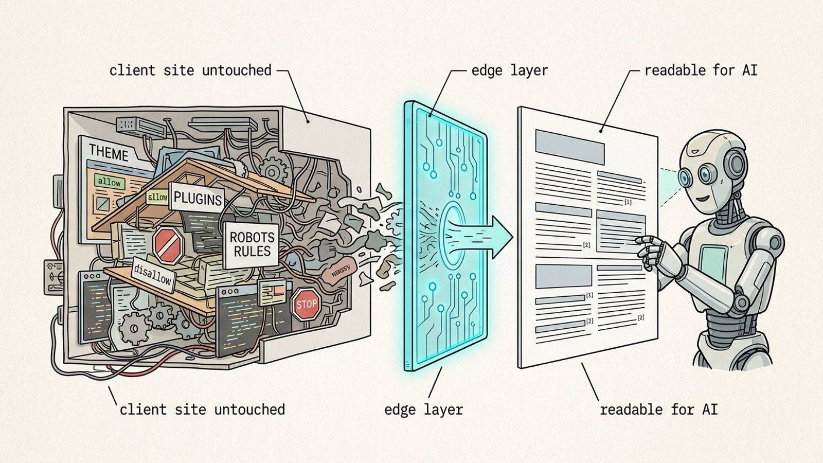 Cutaway diagram of a website edge layer serving a clean readable page to an AI bot