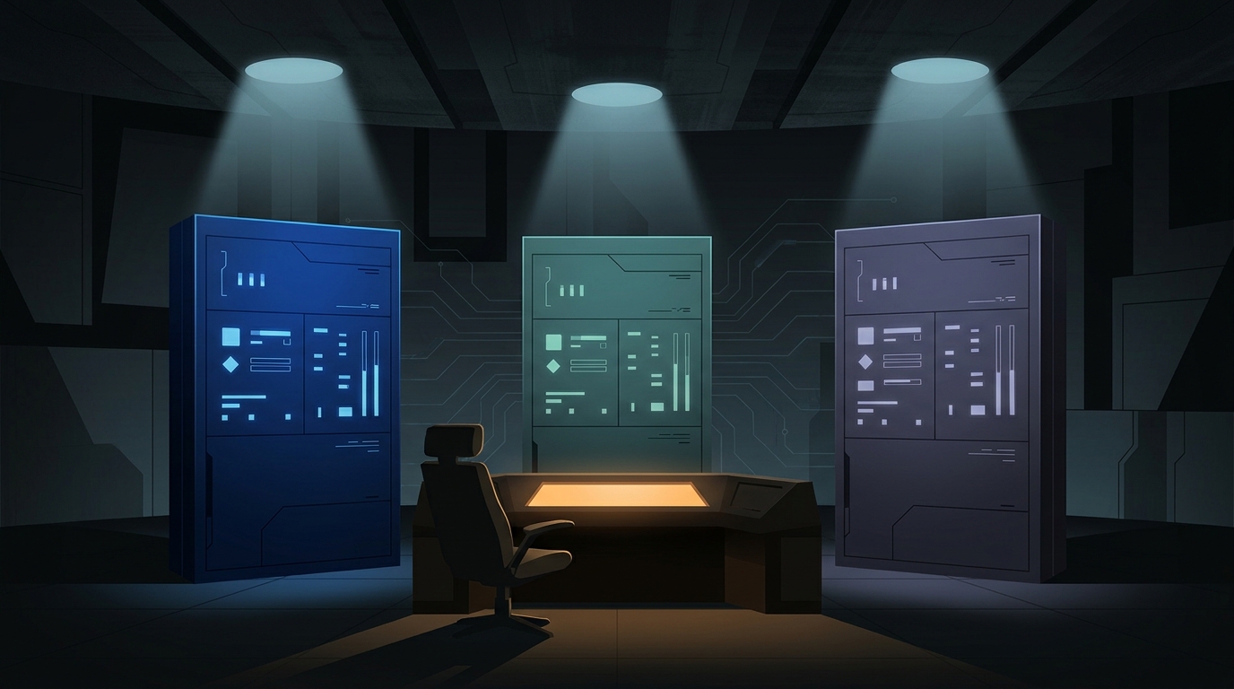 Three illuminated control panels in a dark operations room, each glowing with a distinct color, representing AI Max, Performance Max, and Smart Bidding automation layers