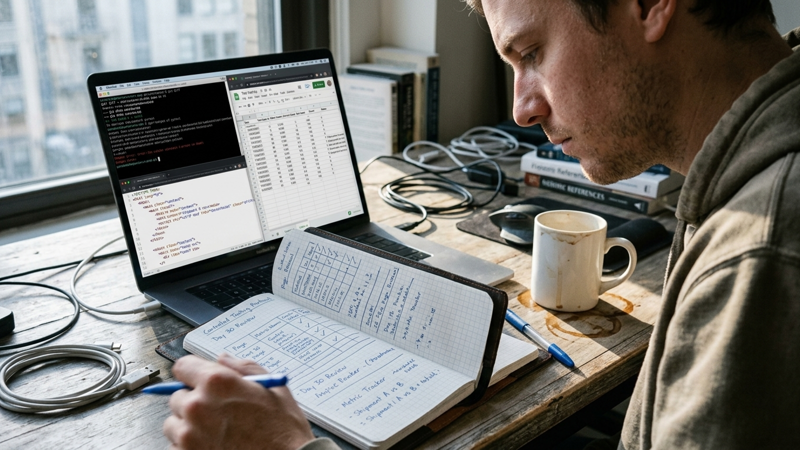 A laboratory notebook beside a laptop showing code and a page-testing matrix.