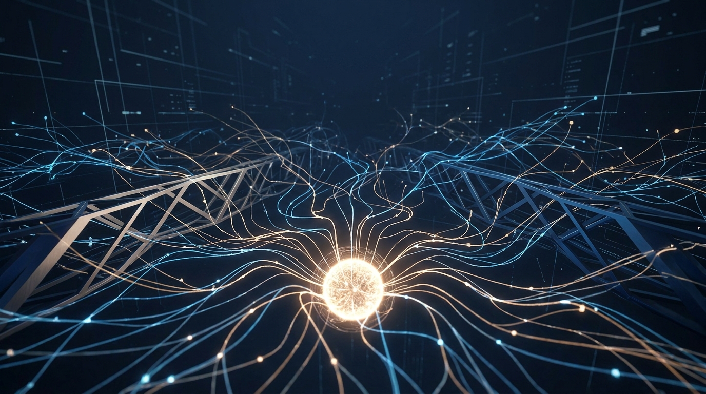 Futuristic AI-powered search landscape with glowing neural pathways branching across a dark gradient horizon, symbolizing automated campaign reach and optimization