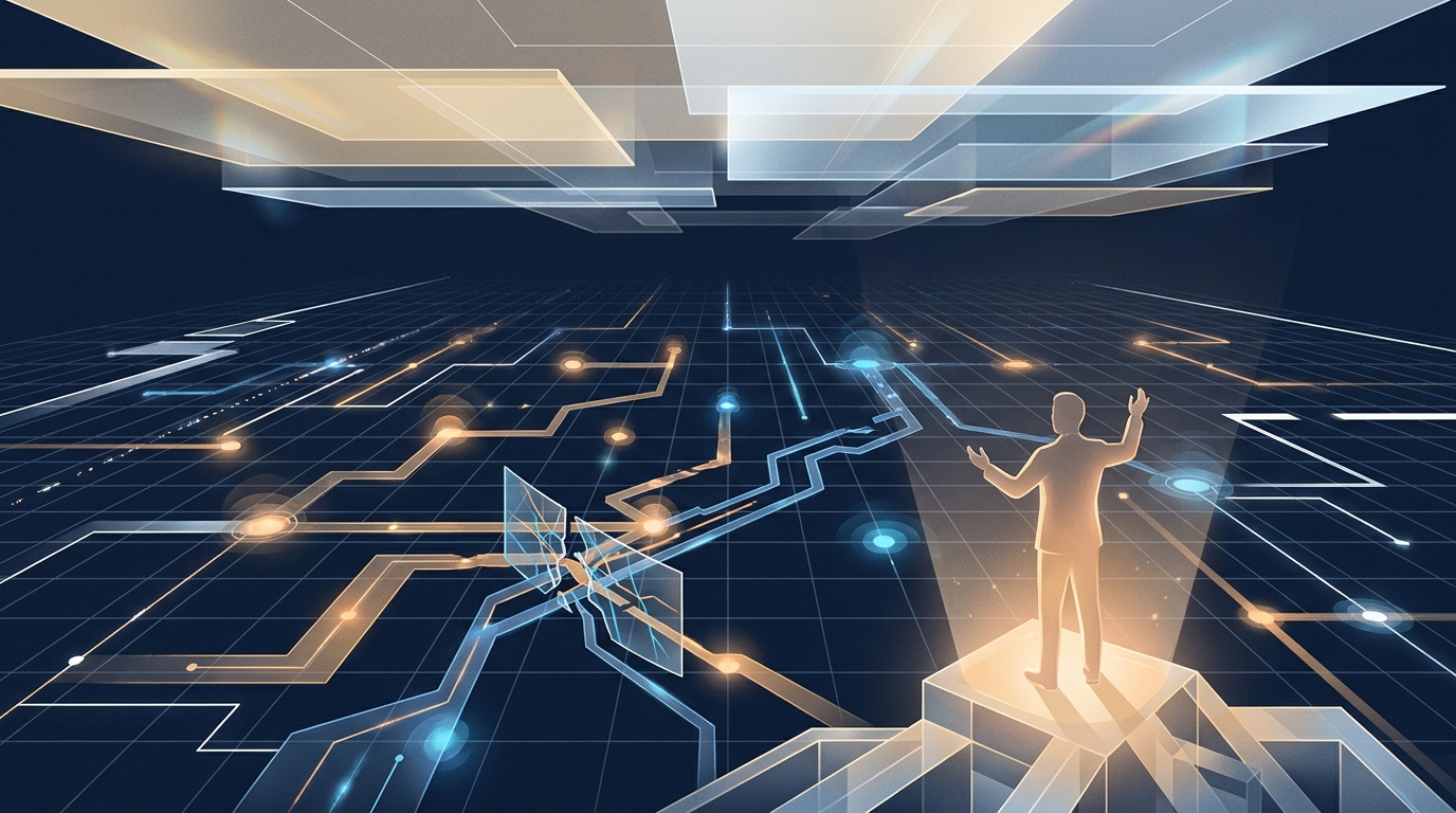 A vast digital grid of glowing commerce pathways with an AI control layer and a human strategist silhouette maintaining oversight of search signal flows
