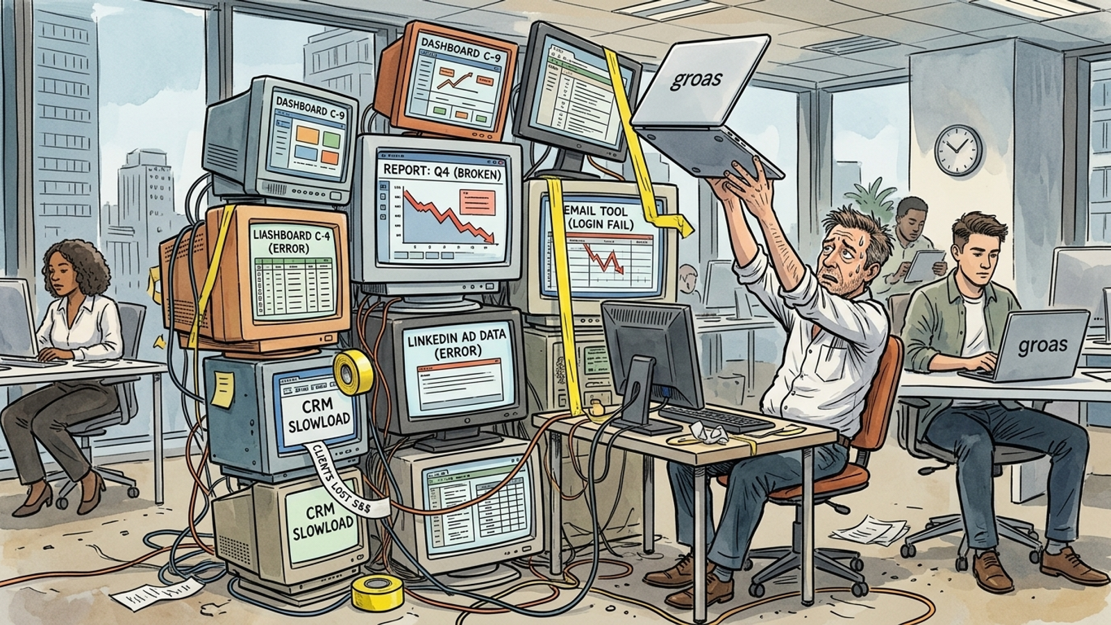 An agency desk crowded with duct-taped monitors and login screens.