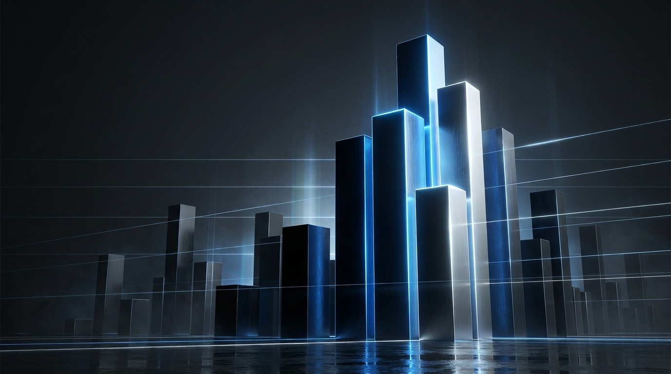 Editorial illustration of industry benchmark data visualization: stacked vertical bars of varying heights across sectors, rendered in a restrained high-contrast palette on a dark background