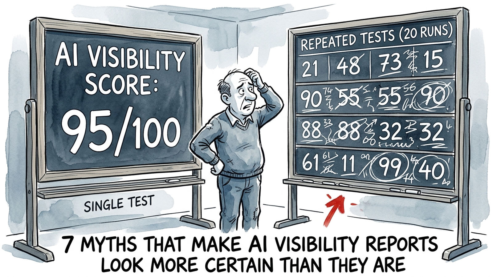 Cartoon scoreboard showing a confident 100% from one test next to shaky results from repeated tests