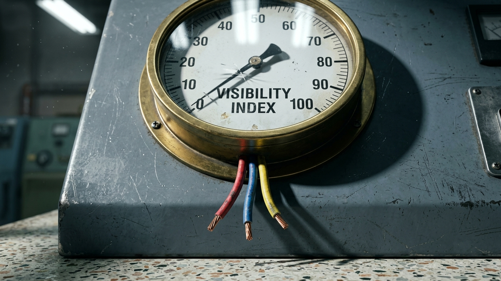 An analog gauge marked from 0 to 100 on a control panel with loose wires beneath it.