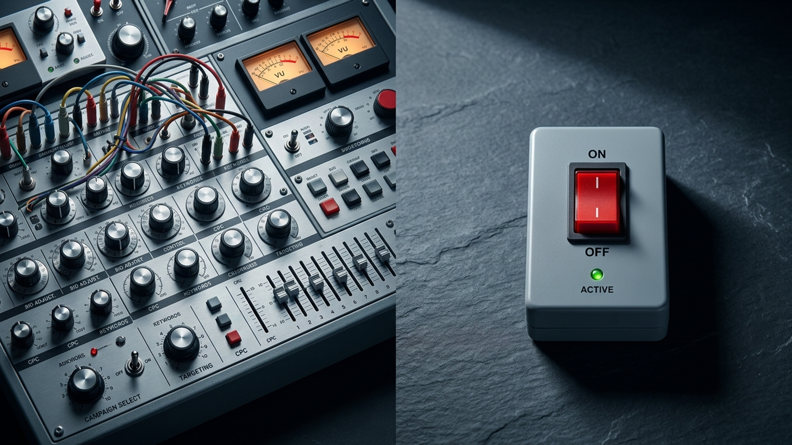 An intricate modular synthesizer control panel beside a single red toggle switch.