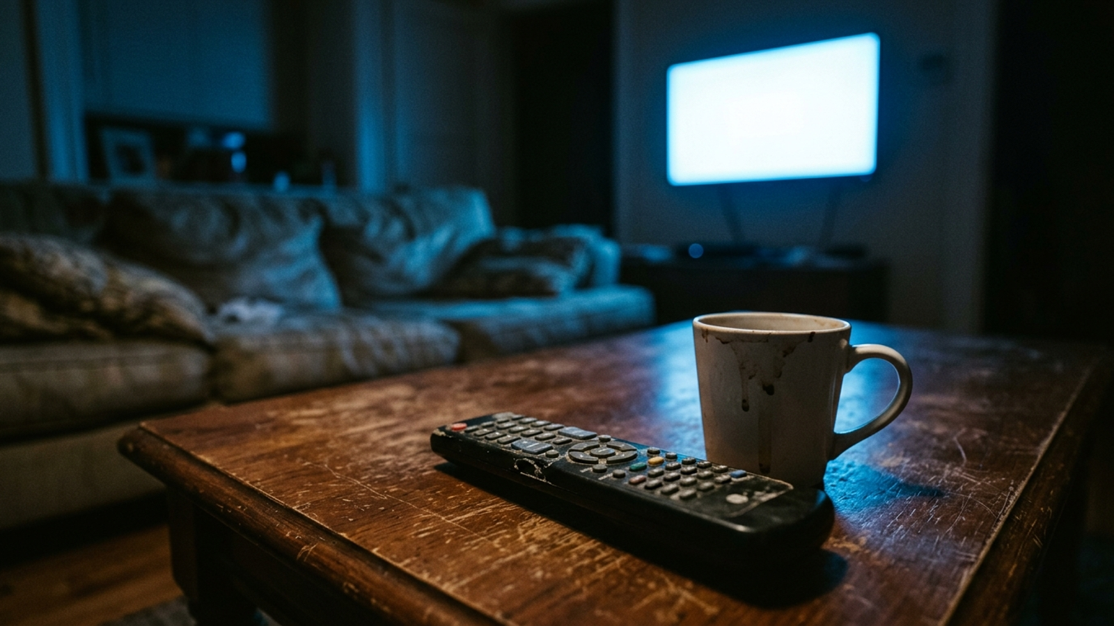 A TV remote on a coffee table in front of a screen showing a video ad.