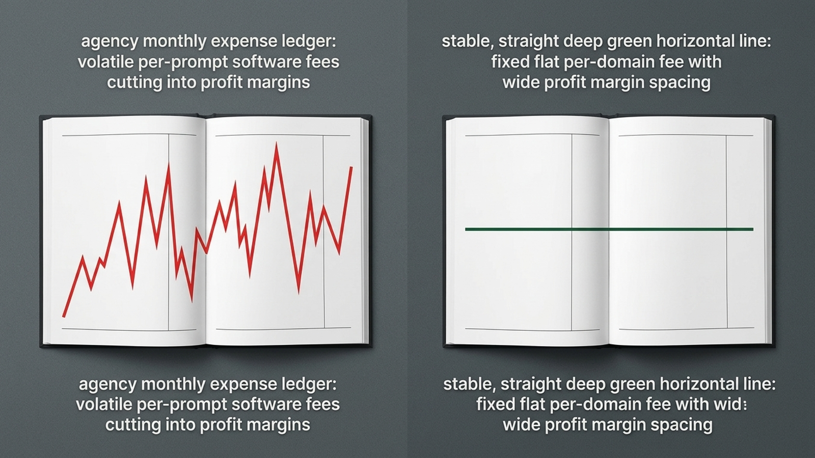 An agency ledger comparing a rising usage-based invoice with a flat fee.