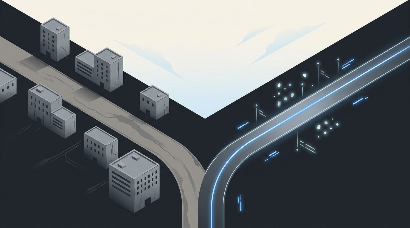 Two diverging paths in a sleek, minimal landscape representing a choice between a traditional agency and autonomous AI-driven Google Ads management