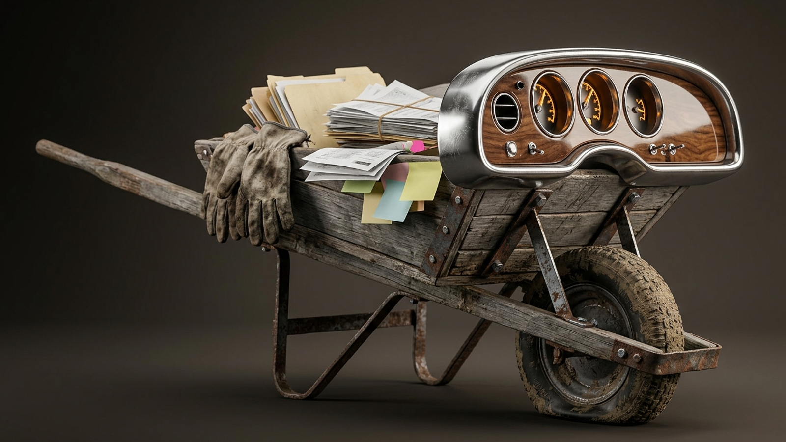 A luxury car dashboard bolted onto a rusty wheelbarrow full of paperwork, work gloves on the handles: slick software that still needs someone to push.