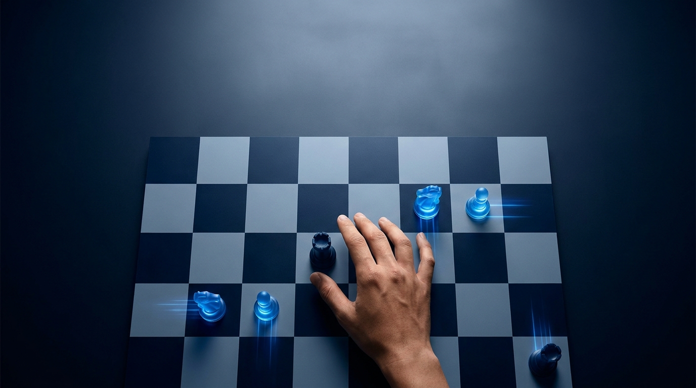 A chess board viewed from above where some pieces move autonomously while a human hand guides the overall strategy, set against a deep navy background