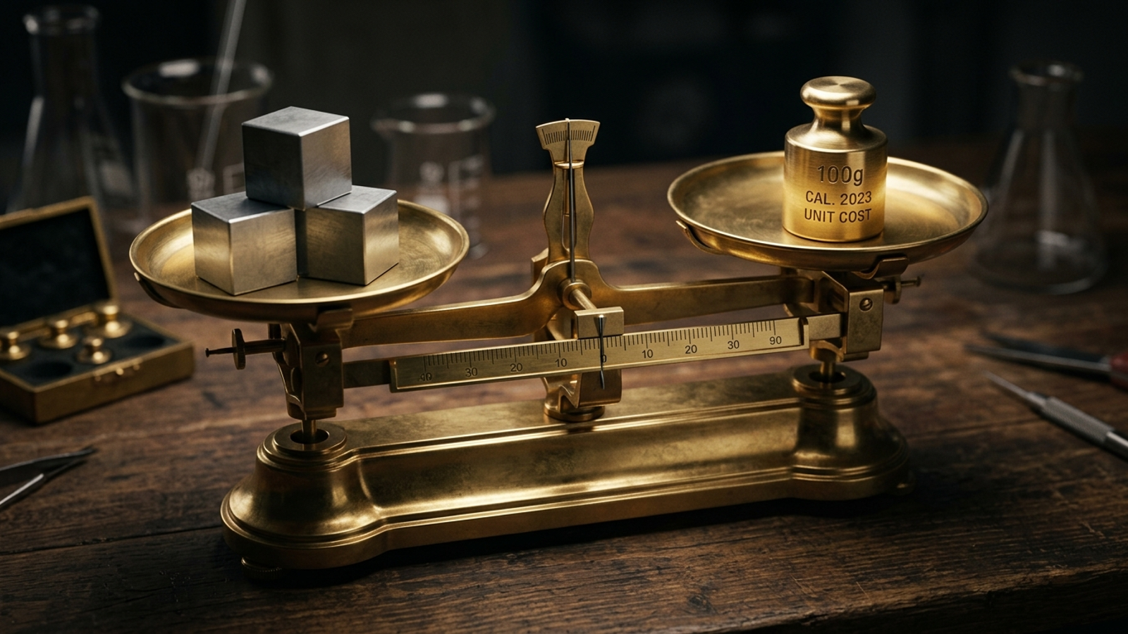 A brass balance scale weighing identical metal blocks against a precision weight.