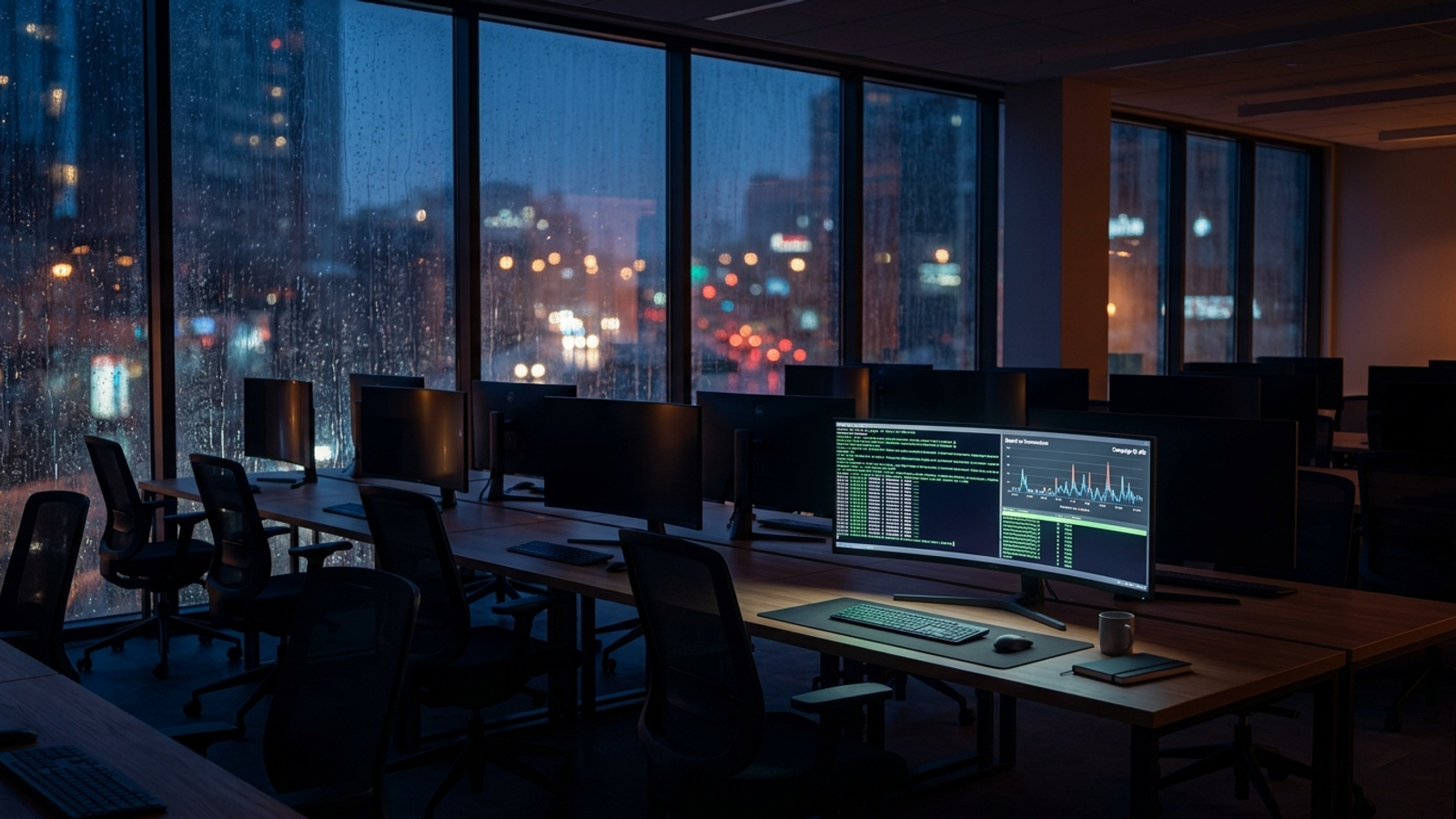 Empty marketing office at night with a monitor displaying account activity logs.